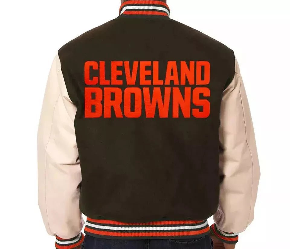 NFL Cleveland Browns White and Brown Lettermen Varsity Jacket - Image 2