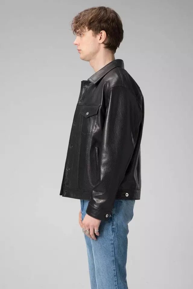 Mens Black Genuine lambskin Trucker Leather bomber Jacket Coat - Image 3