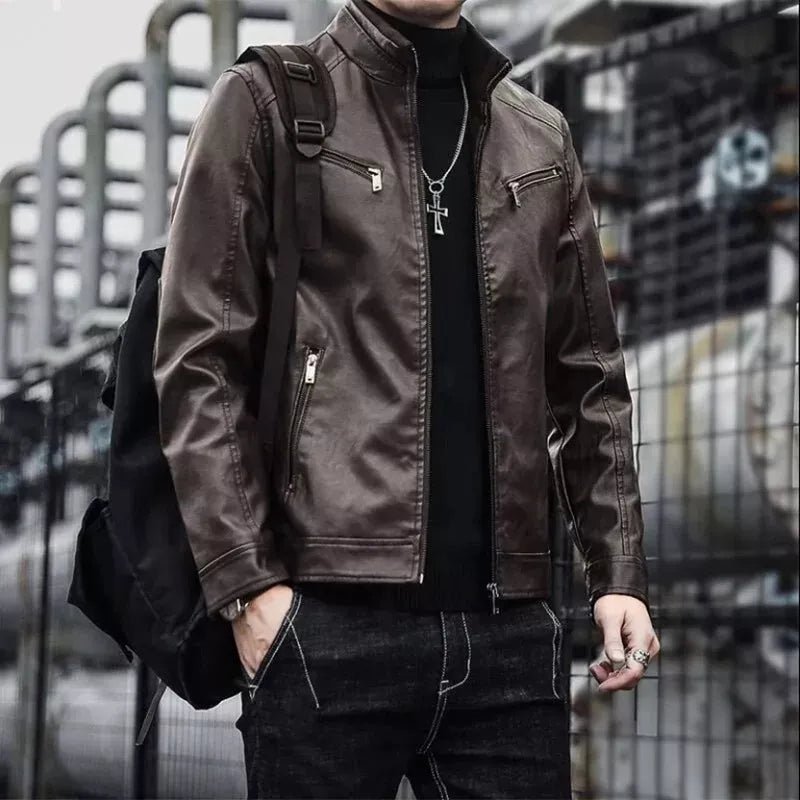Men's Vintage Leather Biker Jacket - Slim Fit Motorcycle Style, Classic Zip-Up