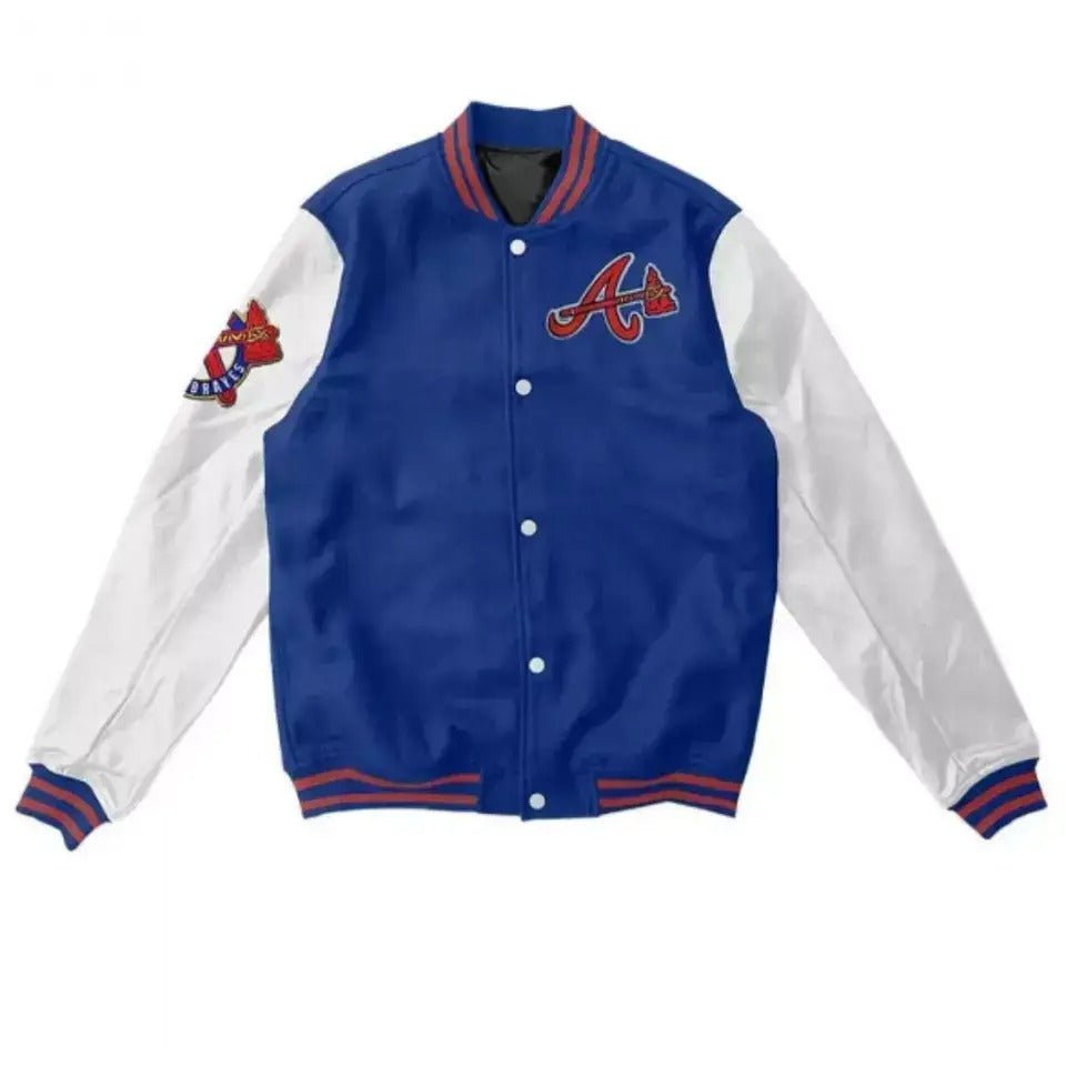 Women Letterman Atlanta Braves Blue Wool Varsity Jacket With Leather Arms blue white - MLB
