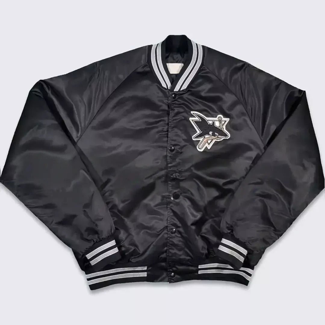 90’s Design San Jose Sharks Letterman Black Satin Varsity Bomber Jacket  black - NHL