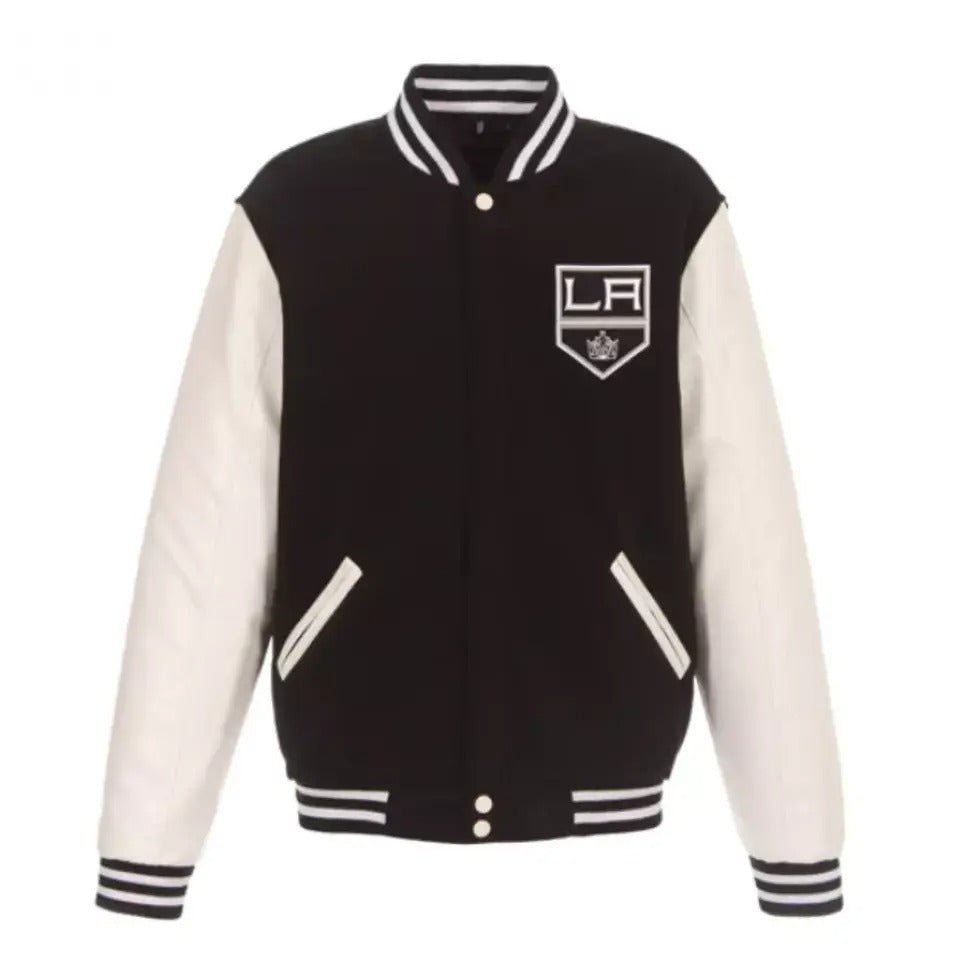 Los Angeles Kings Letterman Varsity Jacket with Leather Sleeves black and white - NHL