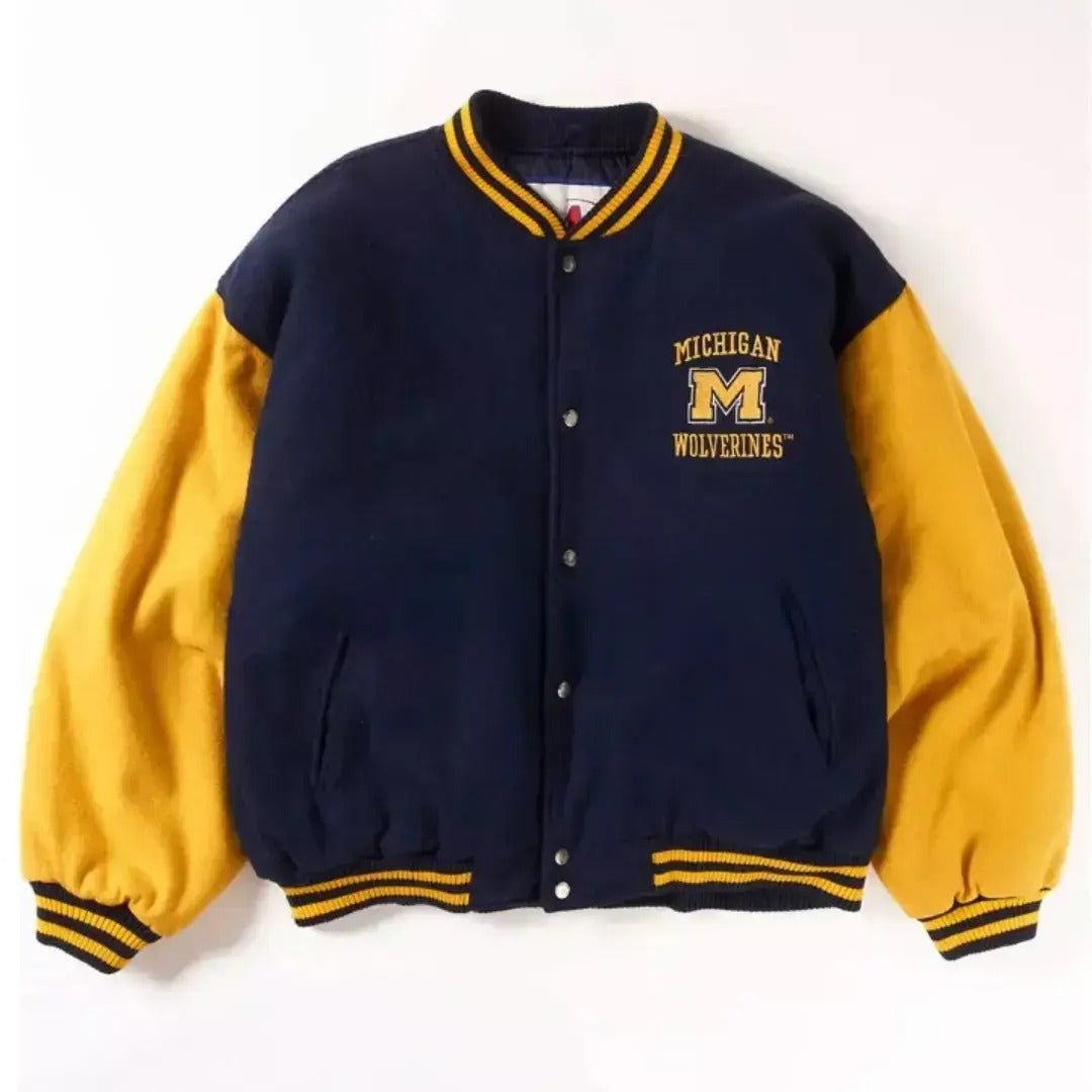 Michigan Wolverines Navy Blue and Yellow Varsity Full Wool Jacket Embroidery-NFL