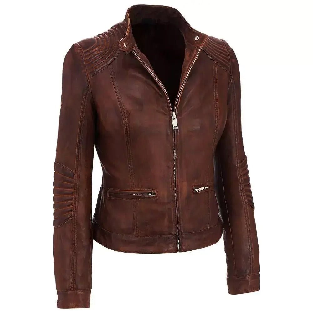 Women's Latest Cafe Racer Moto Biker Distressed Brown Vintage Real Leather Jacket