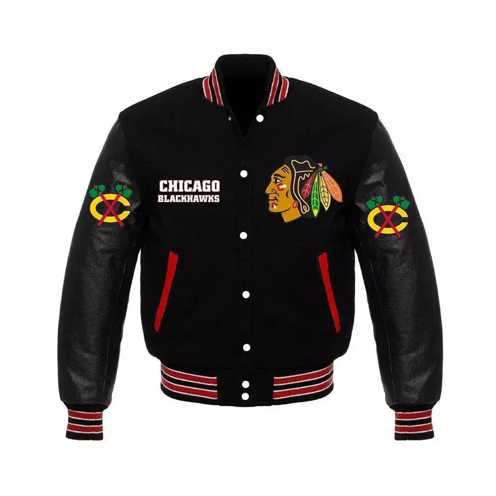 Letterman Chicago Blackhawks Black Color Varsity Jacket - NHL