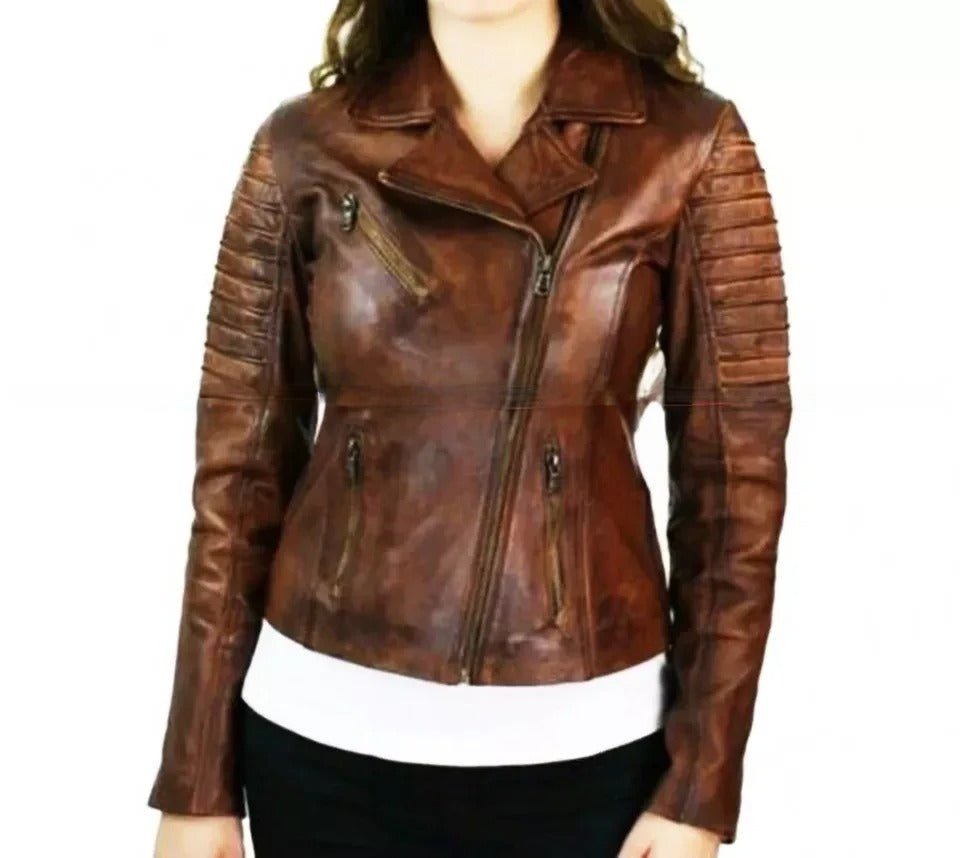 Women Cafe Racer Distressed Brown Slim Fit Moto Biker Leather Jacket - Image 3