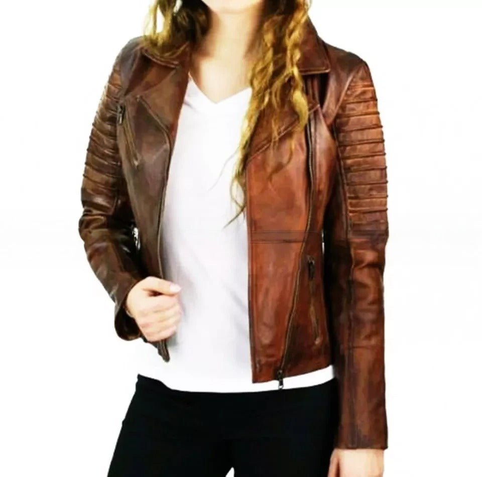 Women Cafe Racer Distressed Brown Slim Fit Moto Biker Leather Jacket