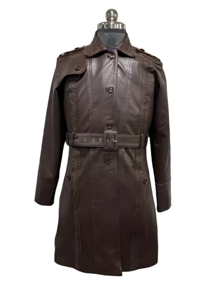 Ladies Leather Trench Coat Women's Real Lambskin Leather Brown  Overcoat