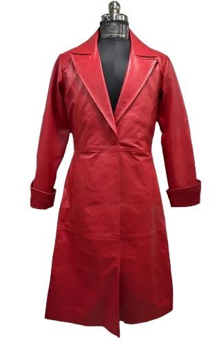 Ladies Stylish Red Trench Coat Soft Lambskin Real Leather Long Coat Women Jacket