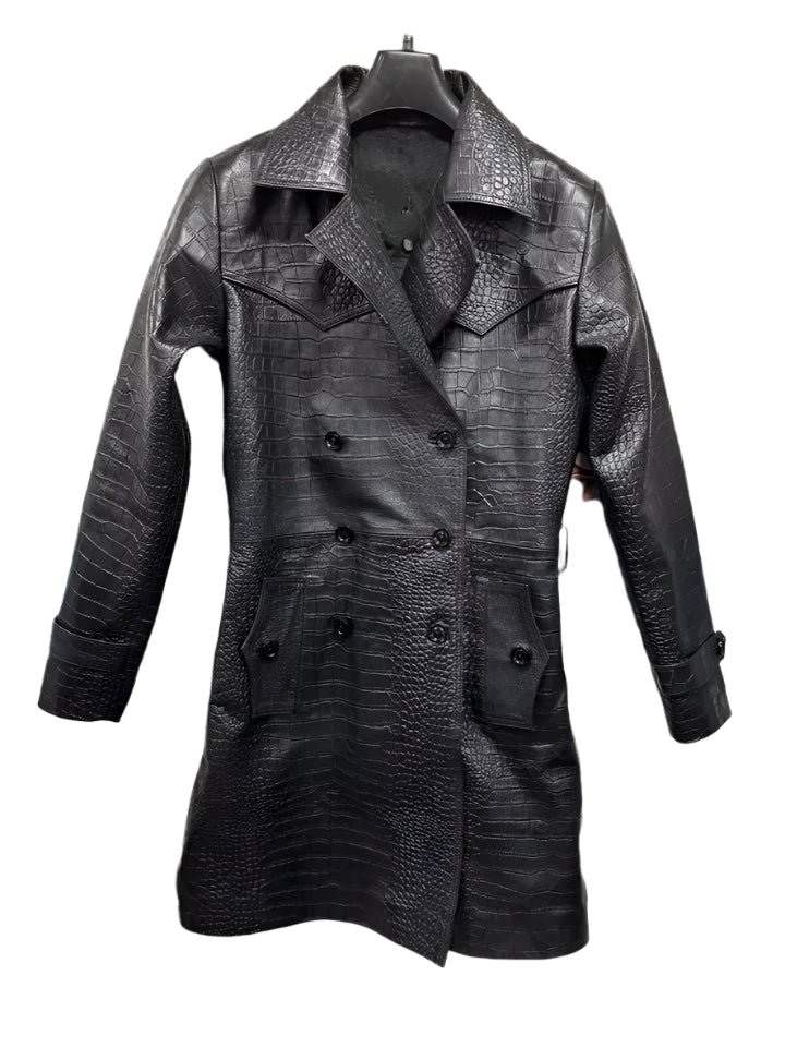 Women's Black Croco Embossed Classic Trench Coat Real Leather Long Fashion Coat