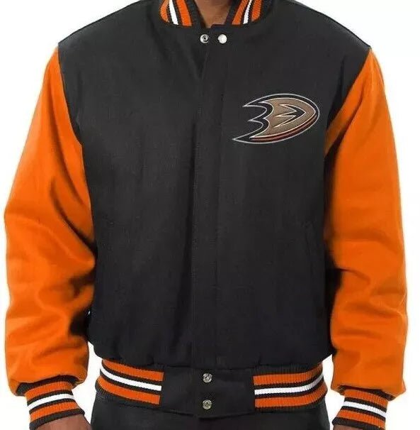 Anaheim Ducks Black and Orange All Wool Letterman Varsity Jacket