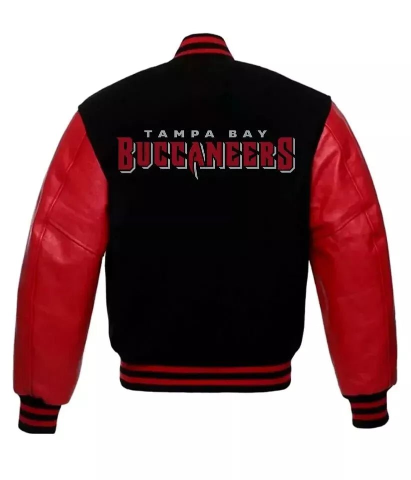 NFL - Tampa Bay Buccaneers Varsity Jacket Black Wool & Red Genuine Leather Sleeves - Image 2