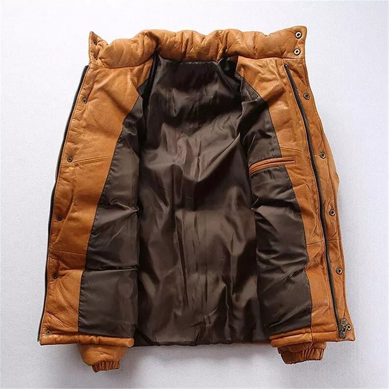 Mens Down Puffer Leather Jacket Casual Bomber Real Leather Puffy Fashion Coat - Image 3