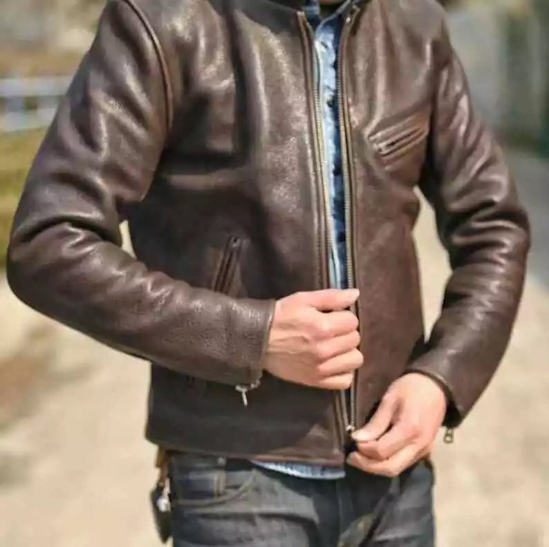 Men’s Black Cowhide Leather Luxury Vintage Distressed Motorcycle Biker Jacket