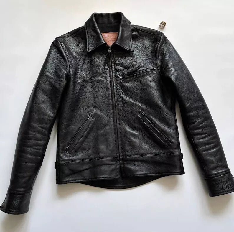 Men’s Black Cowhide Leather Luxury Vintage Trucker Motorcycle Biker Jacket