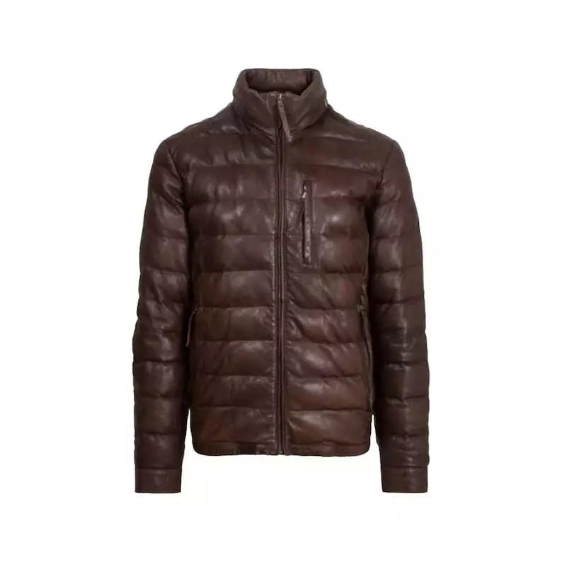 Women Handmade Vintage Dark Brown Lambskin Leather Puffer Jacket