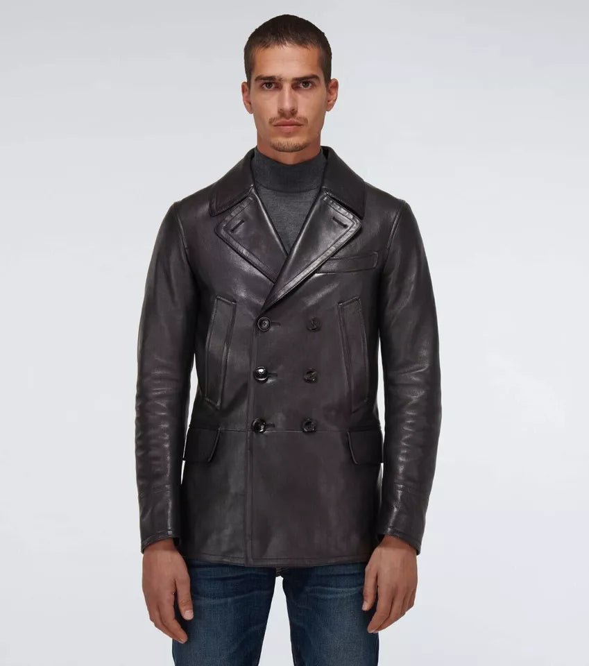 Men Tailored Lambskin Leather Jacket Black Double Breasted Coat