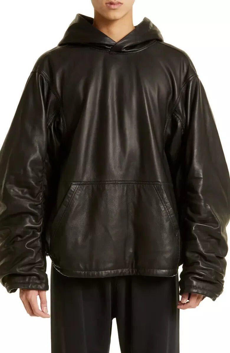 Men Black Oversized Casual Hoodie Leather Jacket Kangaroo Pocket Soft Coat.