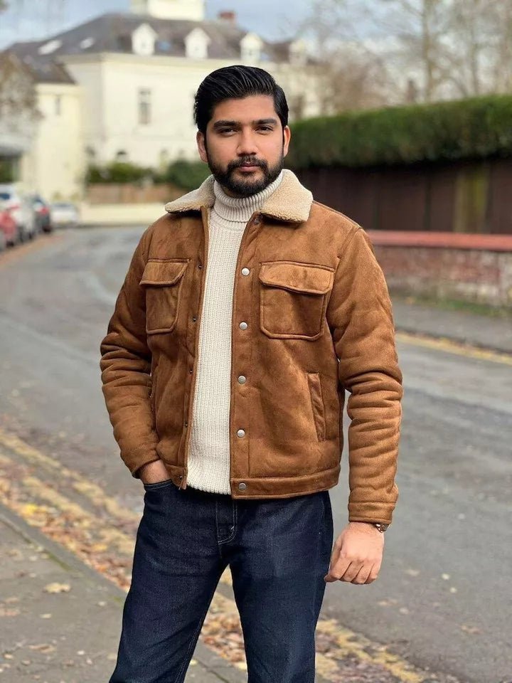 Men 90's Handmade Coat Brown Sheepskin Shearling Suede Leather Jacket