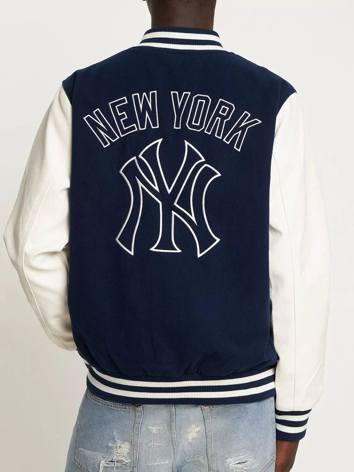 New York Yankees Letterman Varsity Jacket - Navy Blue Wool & White Leather - Image 2