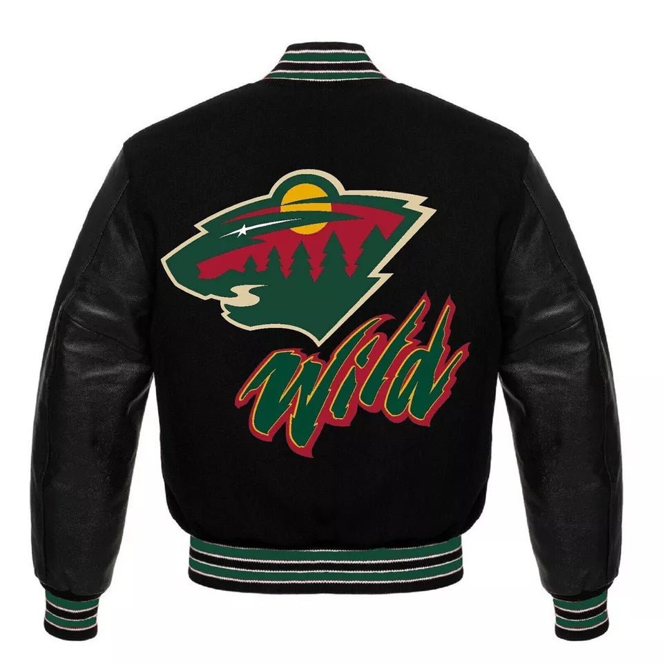 Minnesota Wild Black Letterman Varsity Jacket With Genuine Leather Sleeves - Image 2