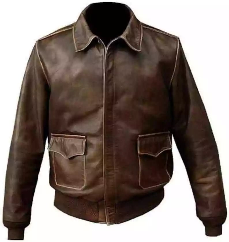 Men's Brown Aviator A-2 Real Distressed Leather Bomber Flight Vintage Jacket