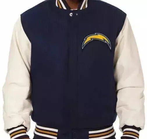 Letterman Los Angeles Chargers Navy and White Varsity Jacket with leather sleeve