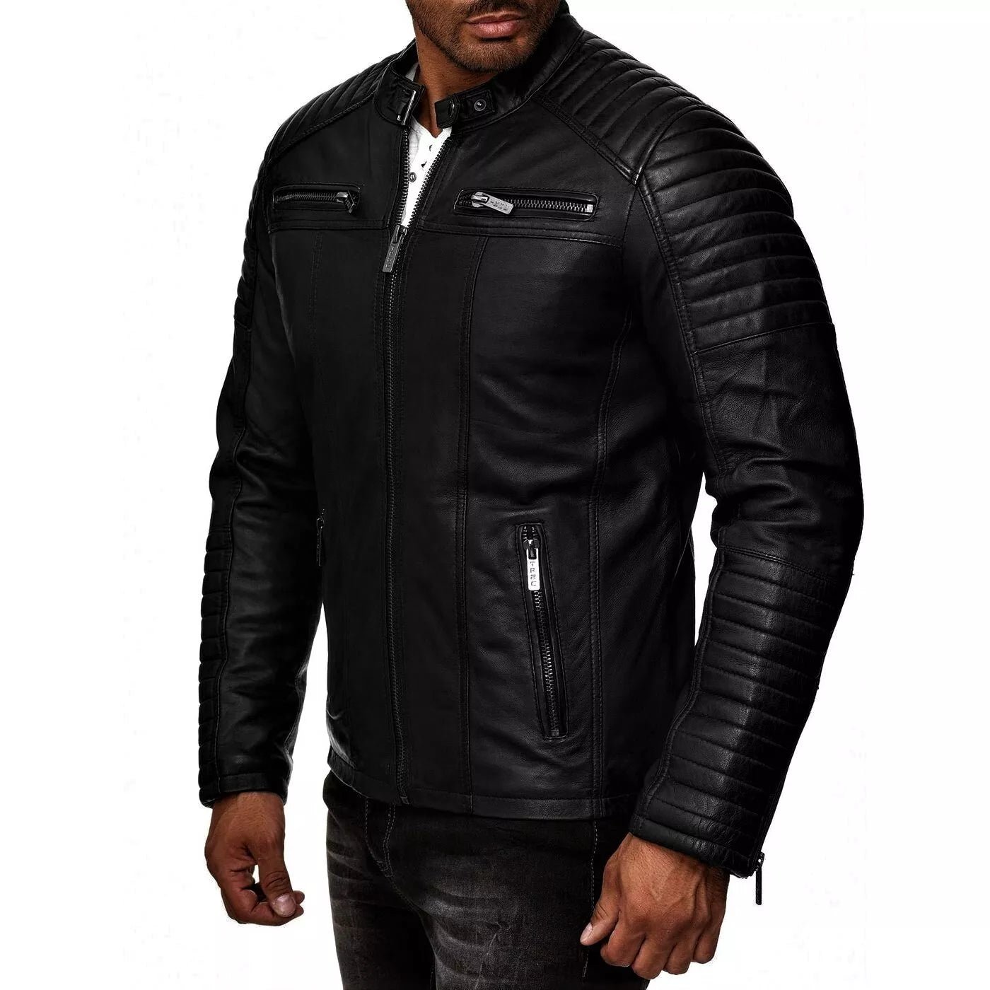 Men's Black Leather Jacket Coat Cafe Racer Style Genuine Soft Sheep Skin Biker - Image 3