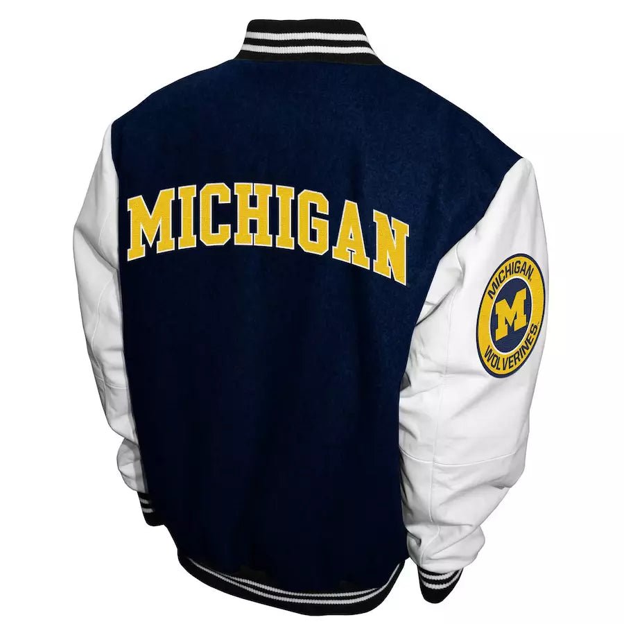 Michigan Wolverines Navy And White Wool Varsity Jacket With Real Leather Sleeves - Image 2