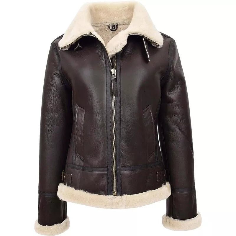 Women Real Sheepskin Flying Jacket Brown Hooded Shearling B3 Pilot Aviator Coat