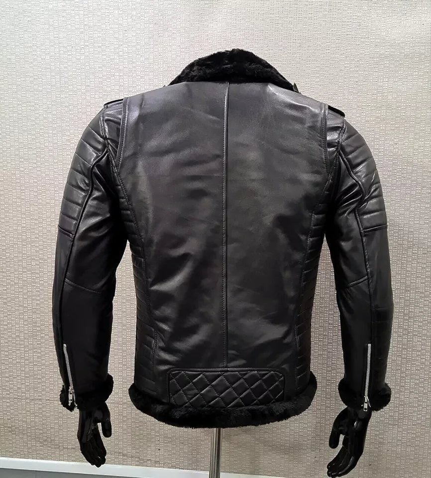 Women REAL BLACK LAMBSKIN BIKER STYLE LEATHER SHEARLING JACKET - Image 2
