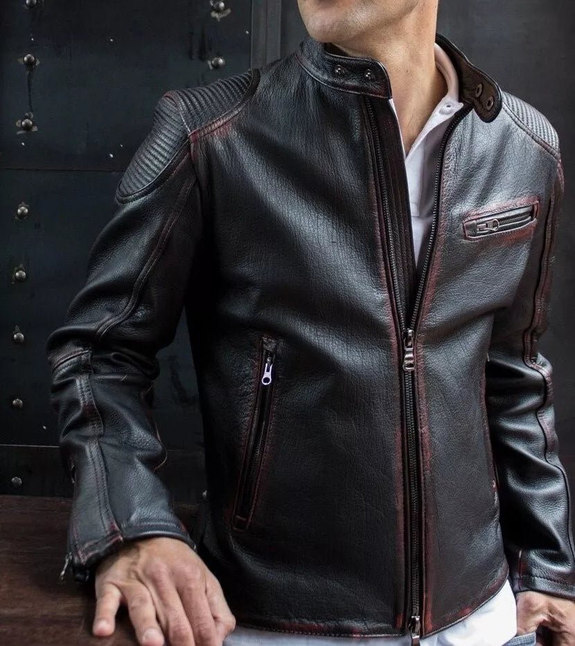 Men's Genuine Real Leather Jacket Motorcycle Black Biker Distressed Leather - Image 3