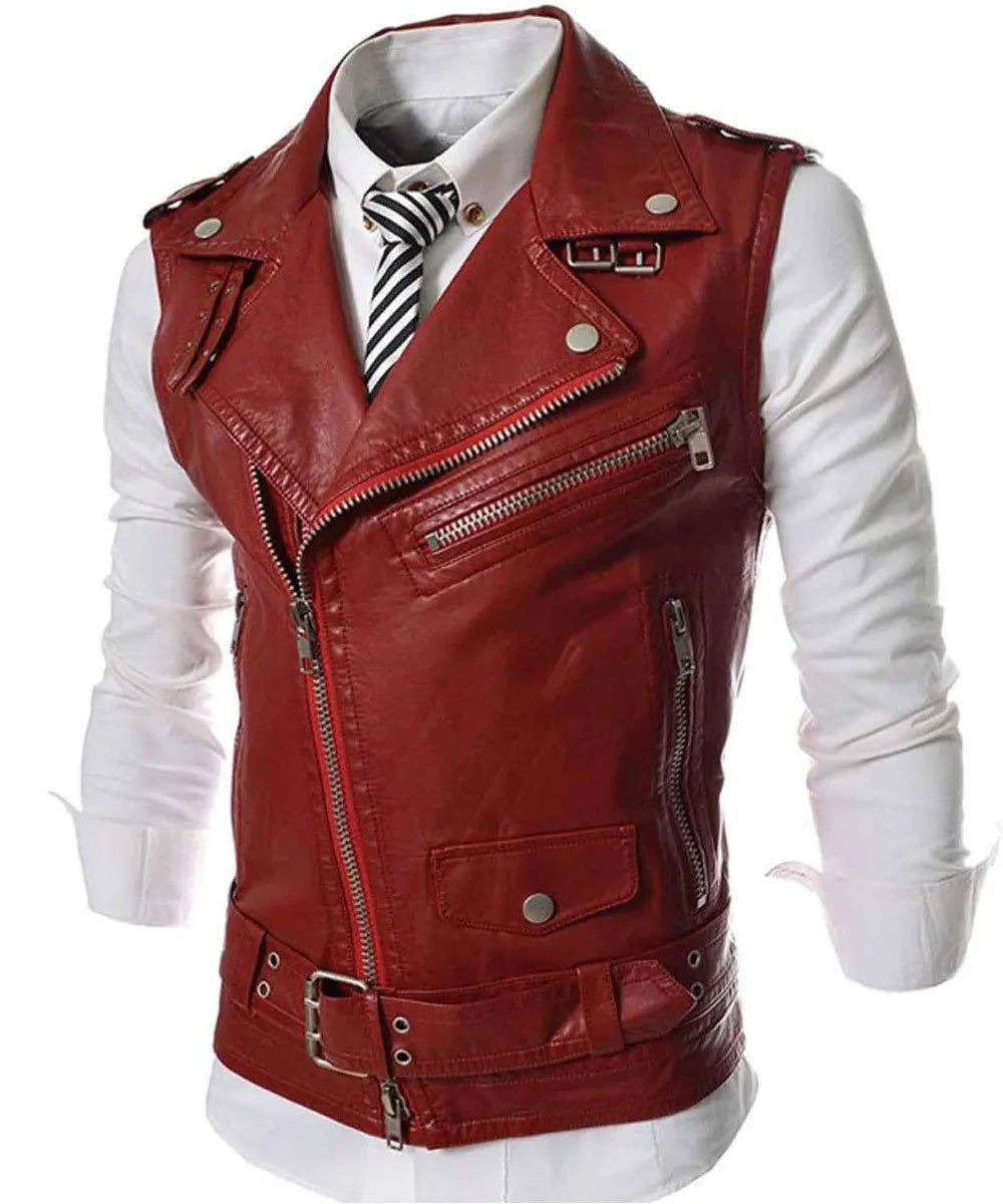 Men Slim Fit Biker Asymmetrical Zipper Red Leather Vest
