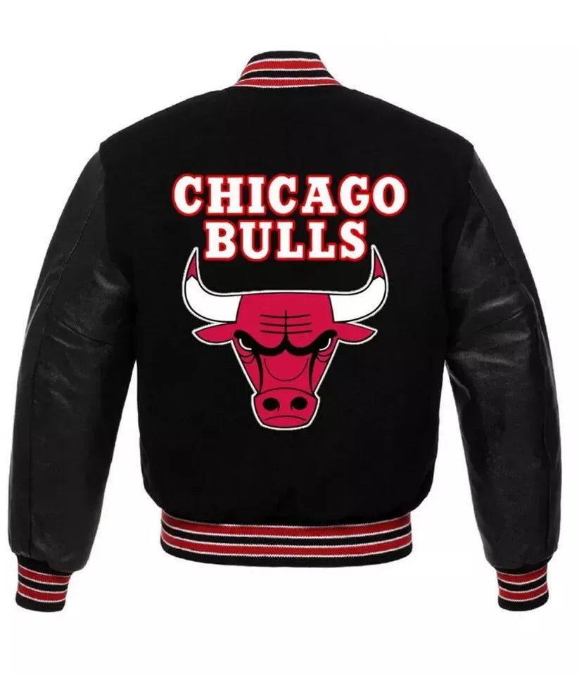 Men Chicago Bulls Black Varsity Jacket With Genuine Leather Sleeves - Image 2