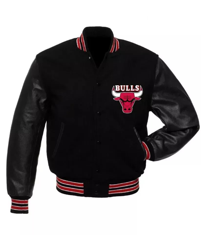 Men Chicago Bulls Black Varsity Jacket With Genuine Leather Sleeves