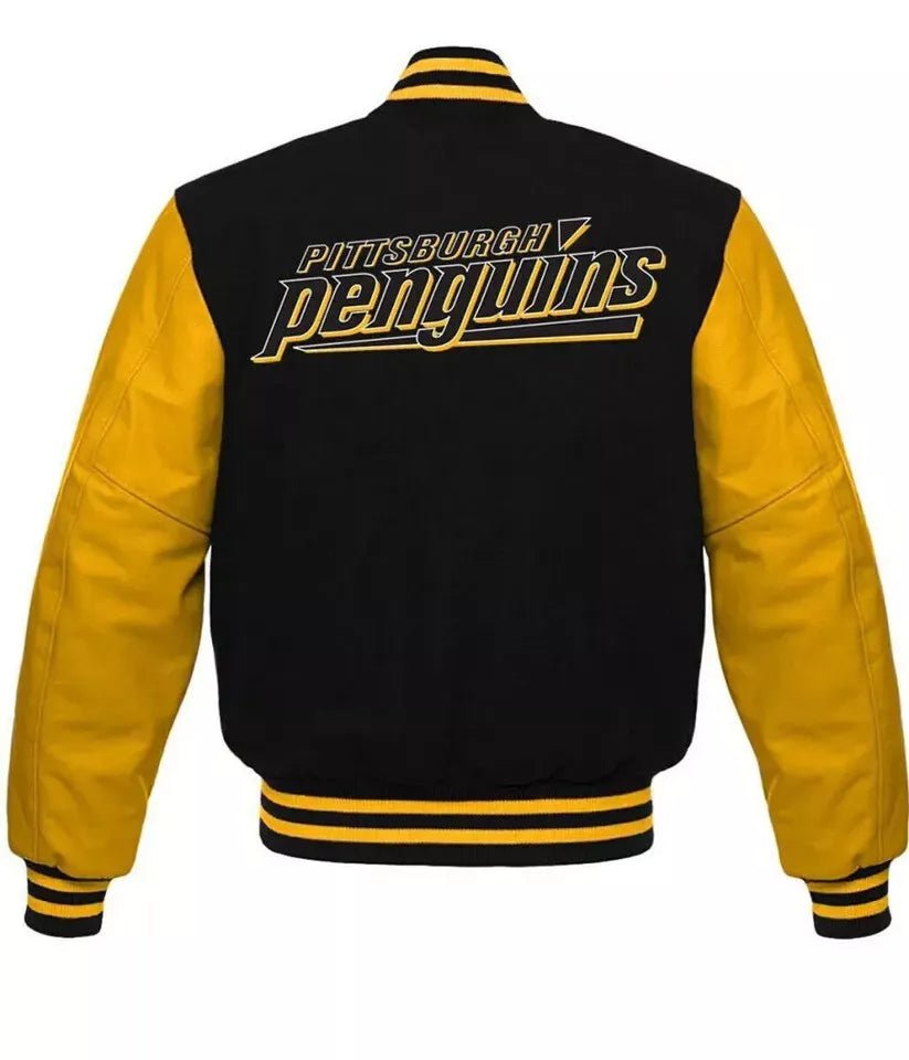 Pittsburgh Penguins Black & Yellow Varsity Jacket With Leather Sleeves - Image 2