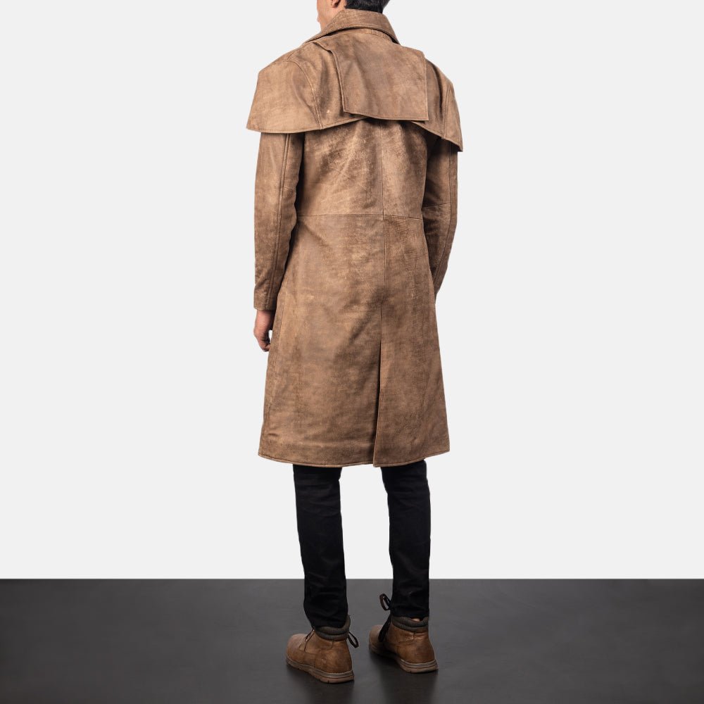 Classic Brown Leather Duster Trench Coat - Image 2