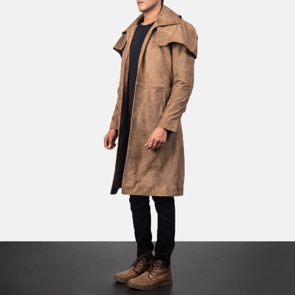 Classic Brown Leather Duster Trench Coat - Image 5