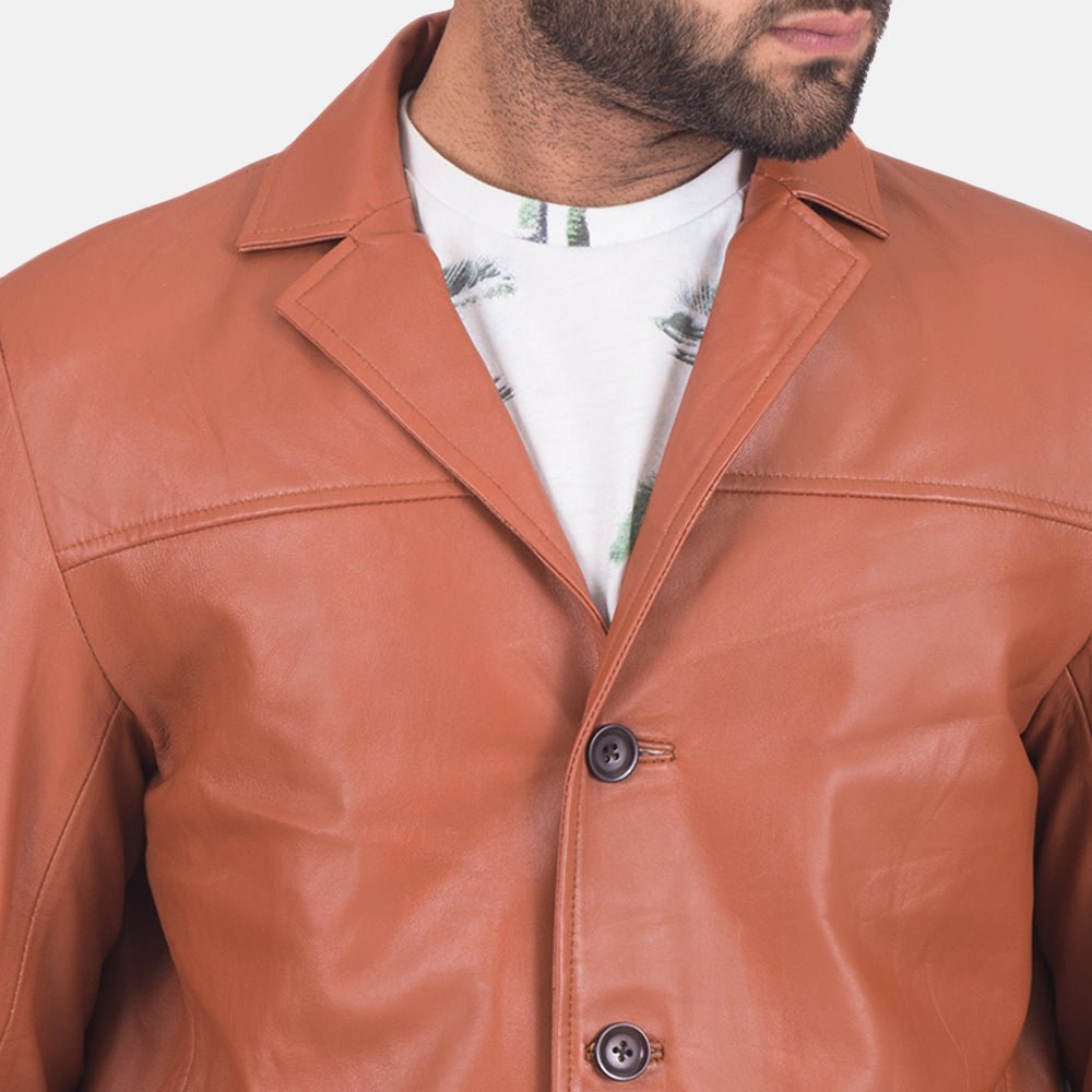 Men James Tan Brown Leather Blazer - Image 5