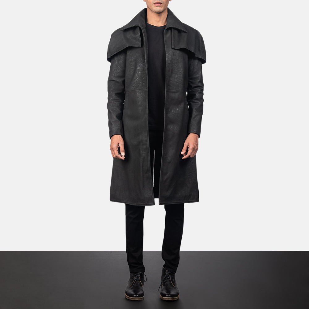 Classic Distressed Black Leather Duster Trench coat