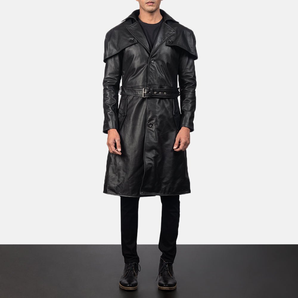 Deux Black Leather Duster Trench Coat