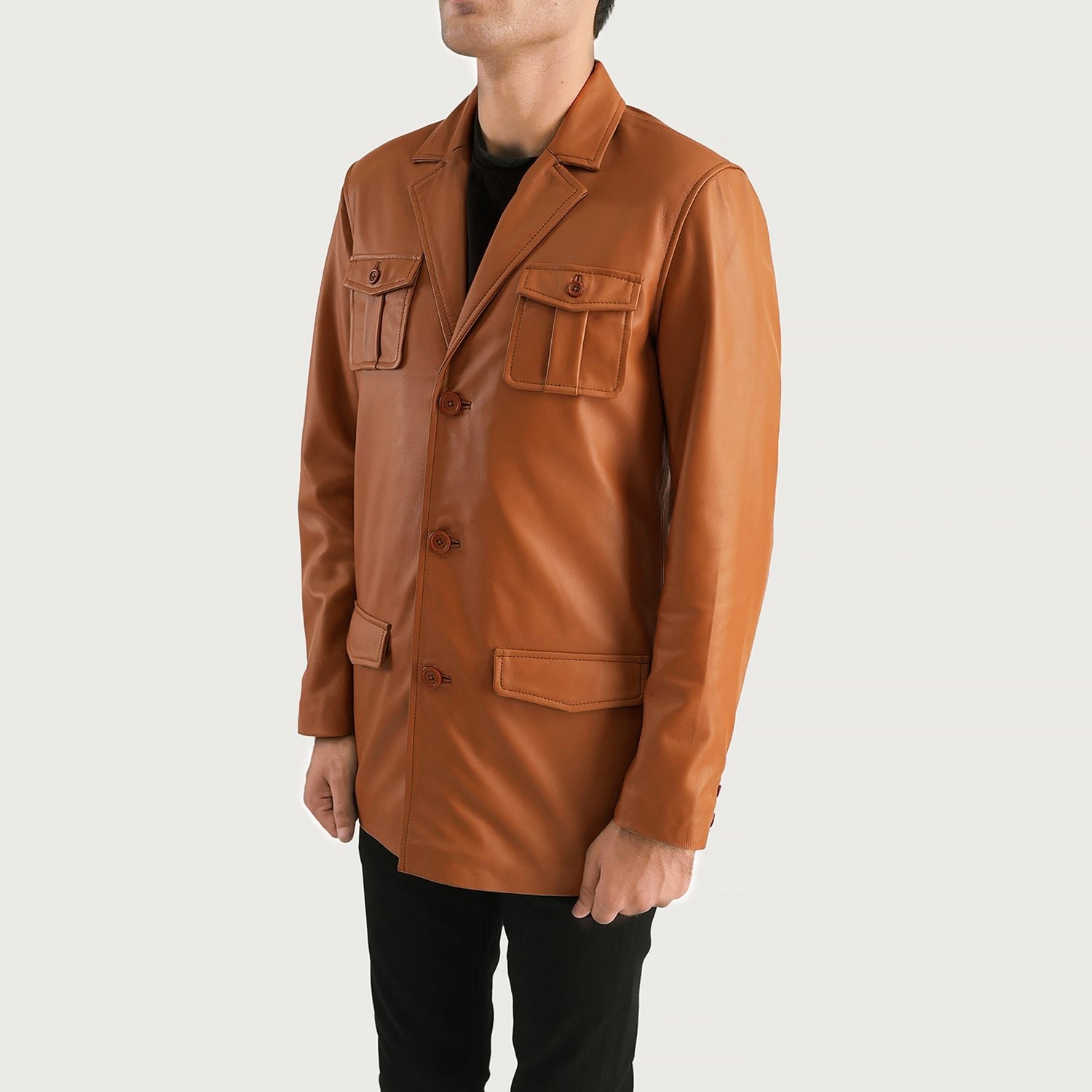 Men Ray Cutler Tan Brown Leather Blazer - Image 4