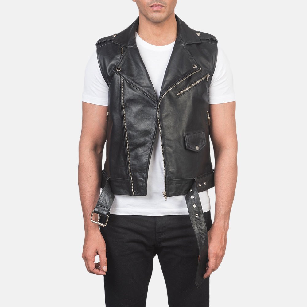Men Sullivan Black Leather Biker Vest