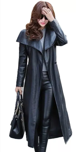 Black Leather Trench Coat Women's Genuine Lambskin Winter Long Overcoat Jacket