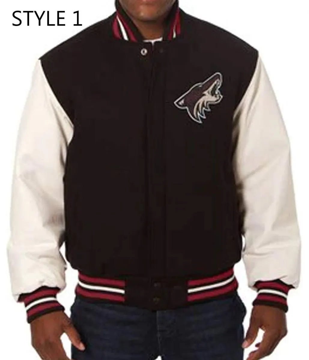Men Arizona Coyotes Style 1 Black and White Varsity Jacket - NHL