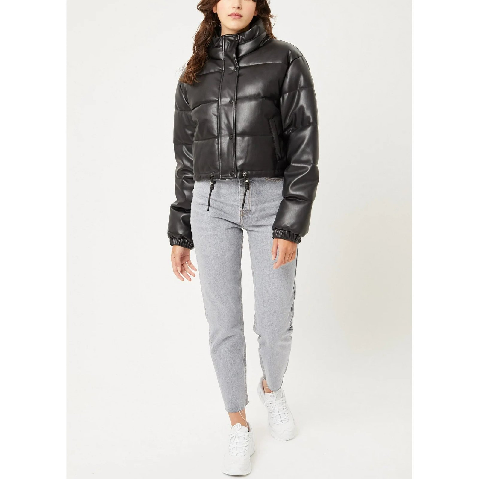 Women  Leather Puffer Quilted Jacket