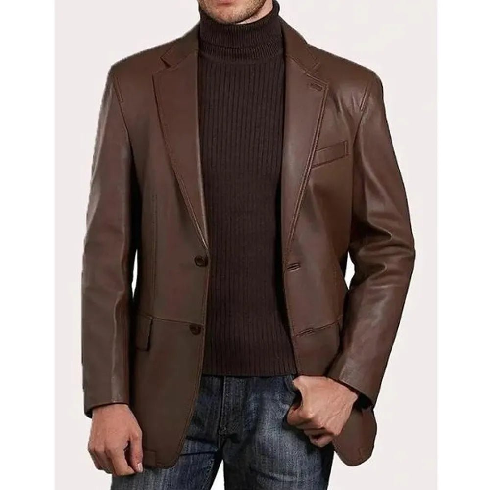 Men’s Classic Brown Two Button Leather Blazer