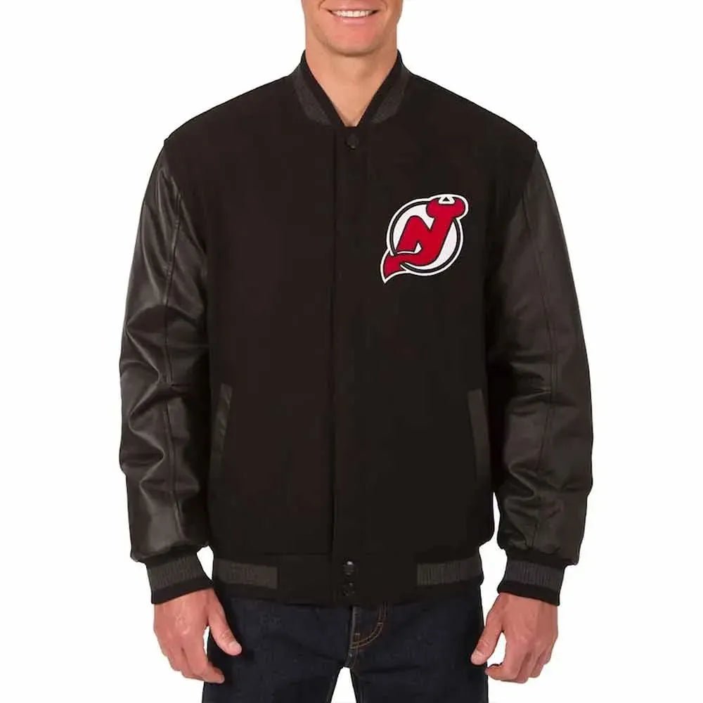 Men Black New Jersey Devils Varsity Jacket Genuine Leather Sleeves - NHL