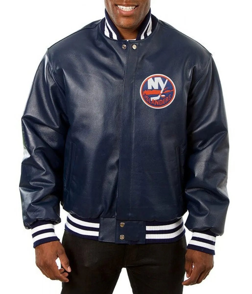 Men New York Islanders Navy Blue Leather Varsity Jacket - NHL