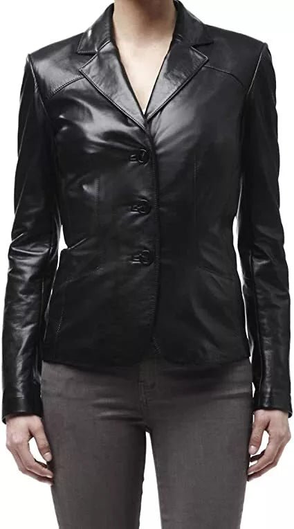 Black Leather Blazer Coat Jacket Women Lambskin Ladies Trench Biker